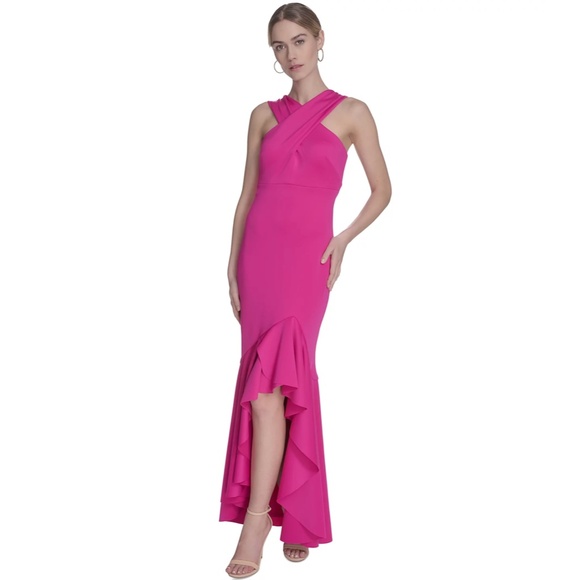 NEW ELIZA J Hot Pink SCUBA CREPE Crisscross HALTER Ruffle HIGH LOW Dress GOWN 2 - Picture 13 of 16